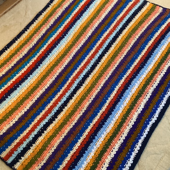 Vintage!  Handmade Crochet Stripe Reversible Blanket 63” by 50” - Picture 8 of 11